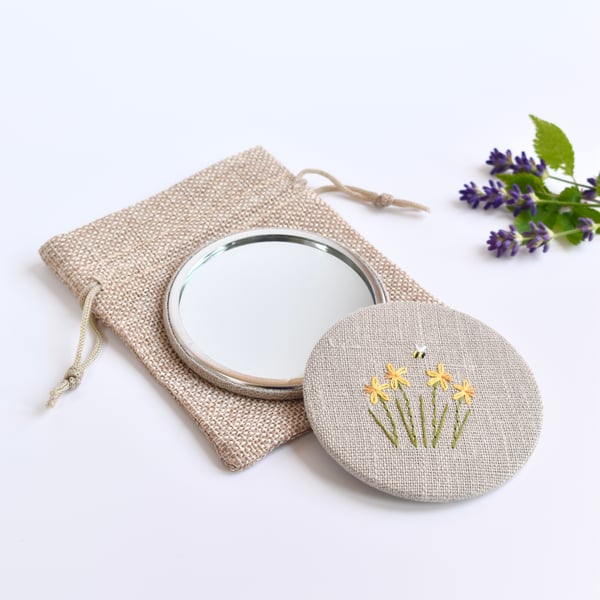 Daffodil Pocket Mirror, hand embroidered mirror, hand mirror, compact mirror
