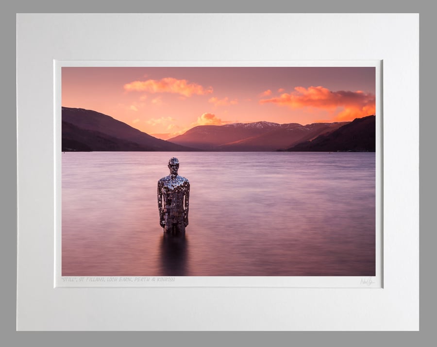 Still, mirror man sculpture, Loch Earn, St Fillans - A3 (50x40cm) Unframed Print