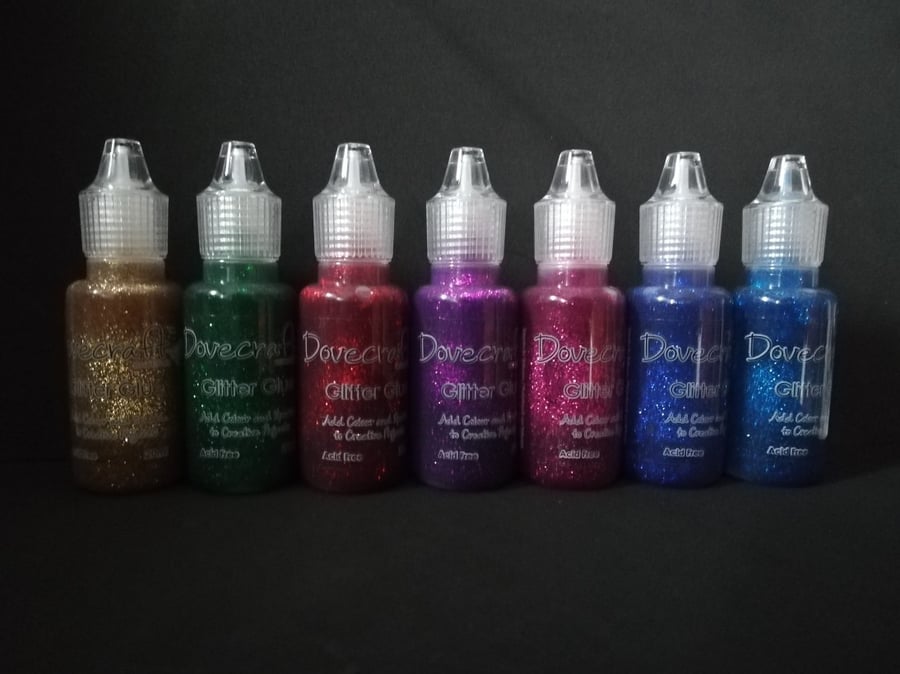 A set of 8 Bold Coloured Glitter Glues (Dovecraft brand)