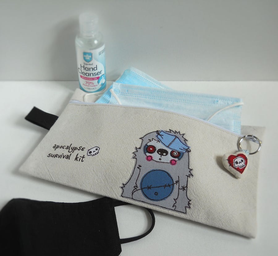 freehand embroidered zombie sloth zip case face mask blue