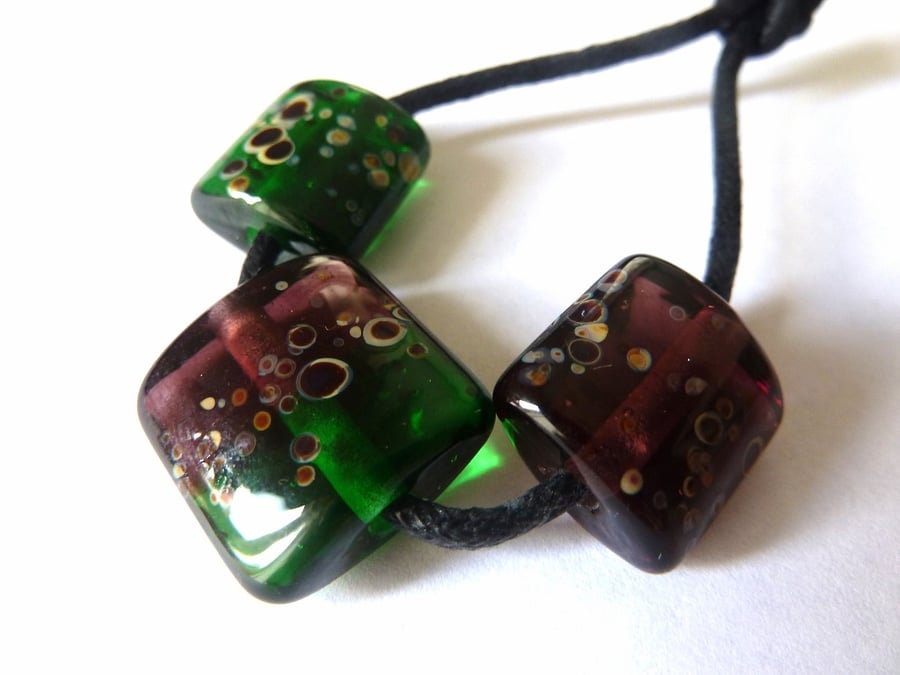 handmade lampwork glass beads, purple and green set