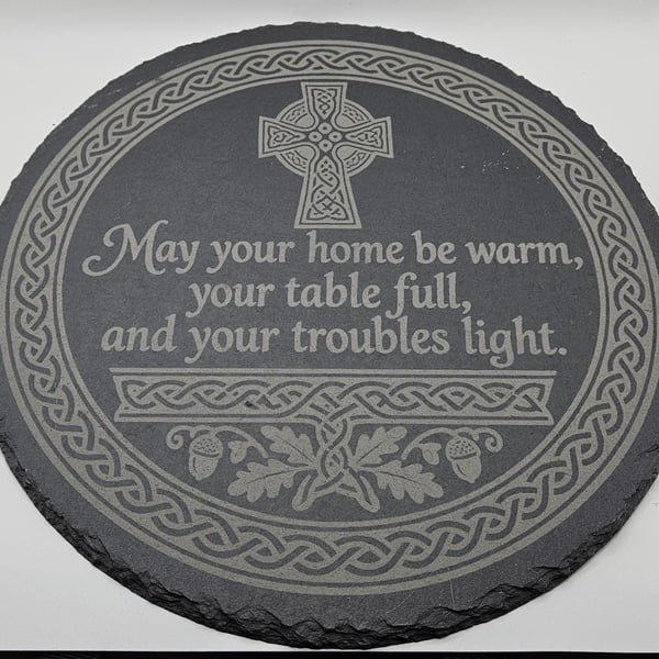 Celtic Irish Blessing Slate Serving Board, 30cm Round Platter, New Home Housewar