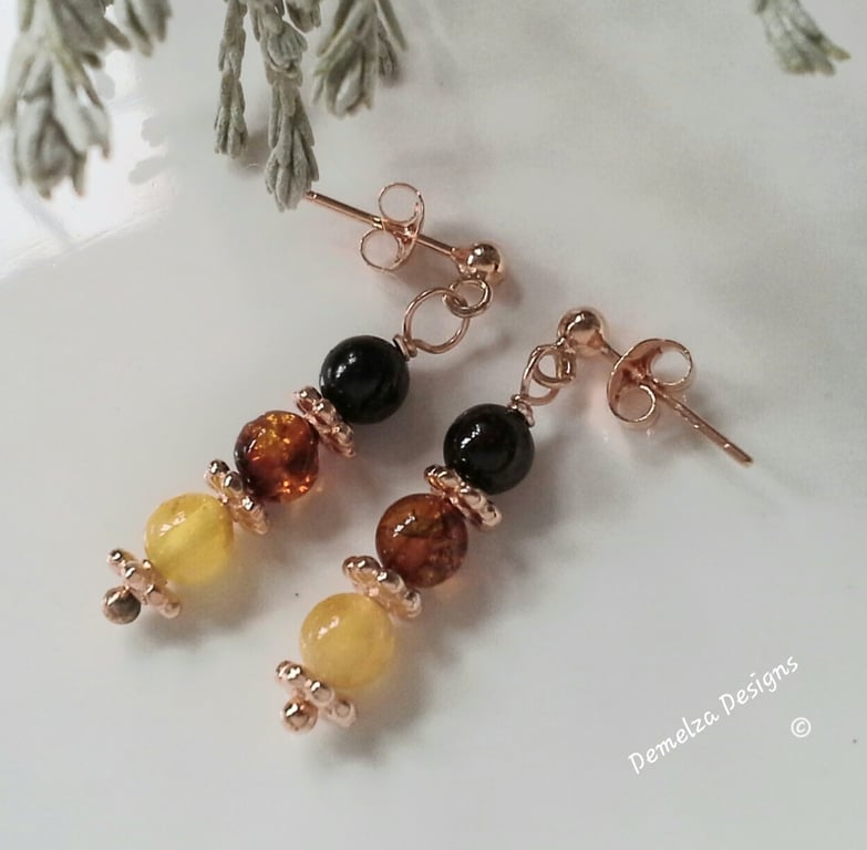 Baltic Amber Drop Stud Rose Gold Vermeil Earrings (925 sterling silver)