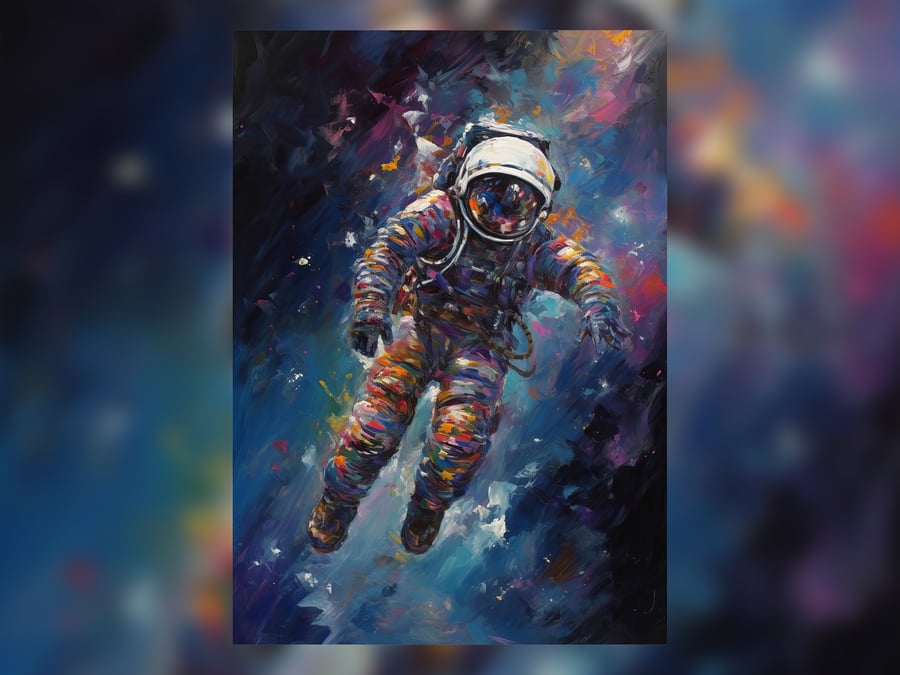 Astronaut Floating in Space, Oil Painting Print, Space Themed Art, 5"x7"