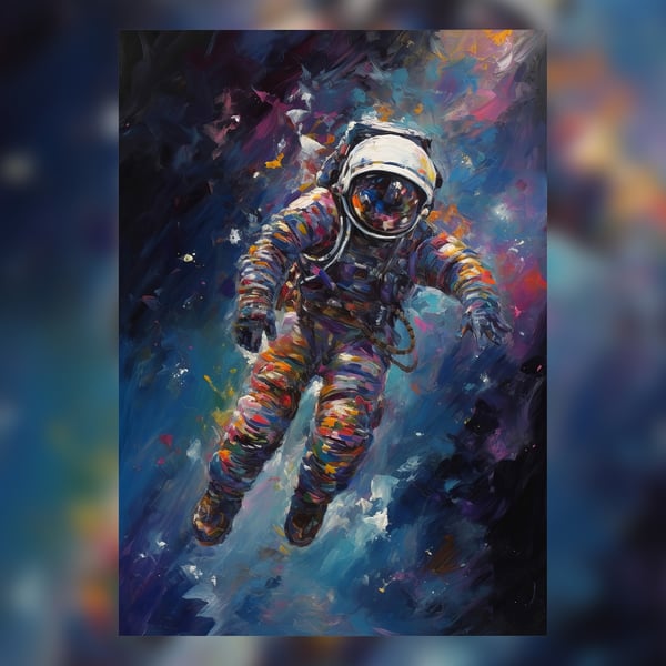 Astronaut Floating in Space, Oil Painting Print, Space Themed Art, 5"x7"