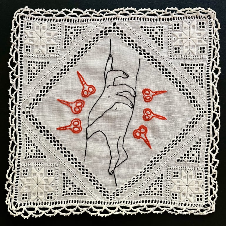 Hand stitched vintage doily embroidery art