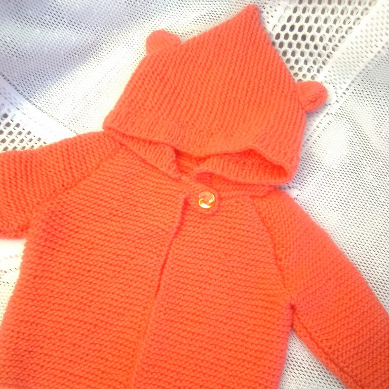 Baby's Hand Knitted Hooded Coat With Teddy Bear Ears, New Baby Gift, Baby's Coat