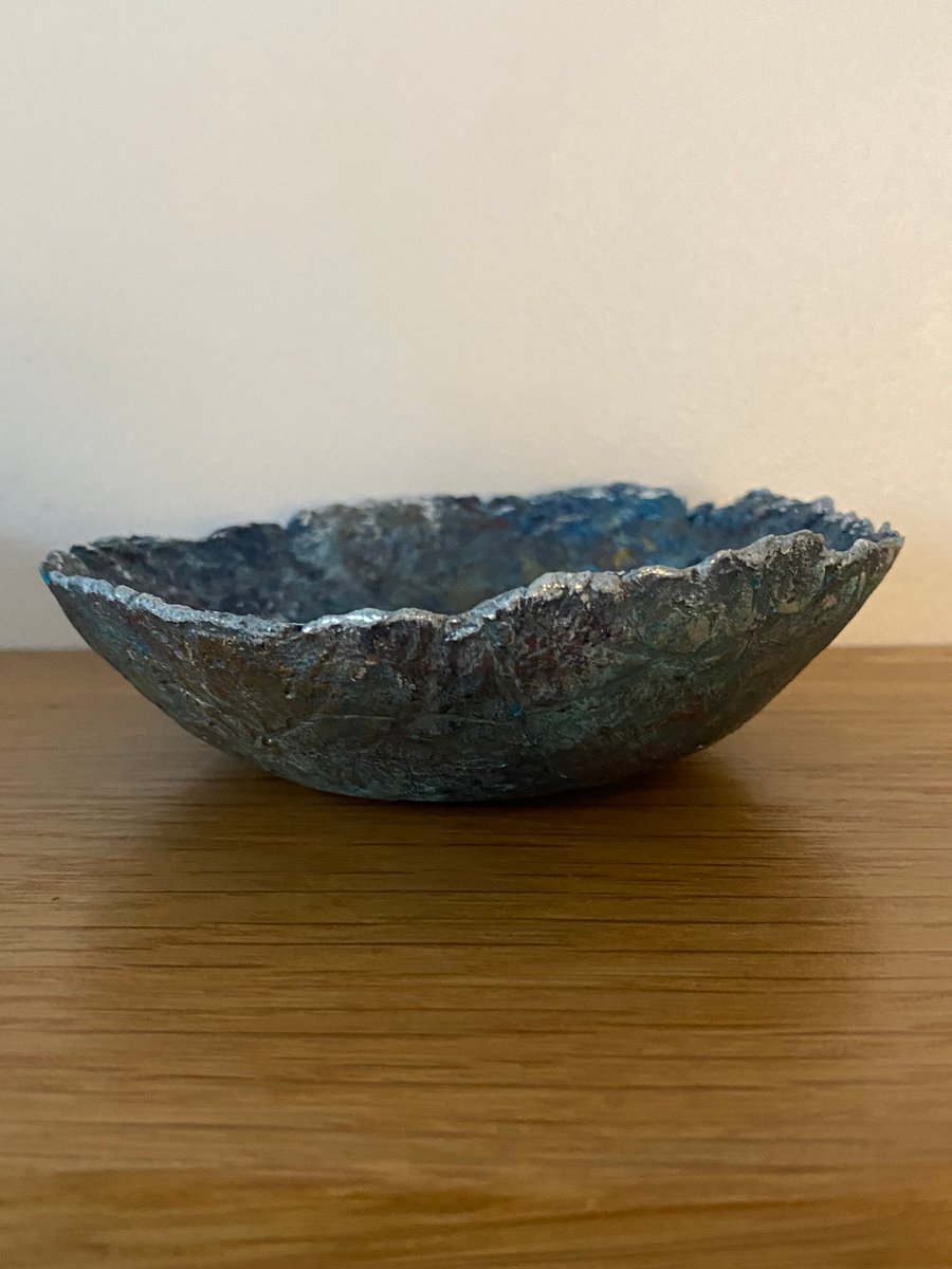 Blue faux stone dish made from recycled paper. Paper mache bowl
