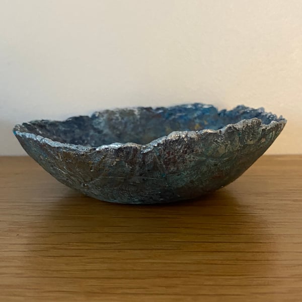 Blue faux stone dish made from recycled paper. Paper mache bowl
