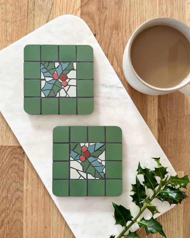 Festive Coaster Set - Two Mosaic Holly Coasters