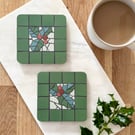 Festive Coaster Set - Two Mosaic Holly Coasters