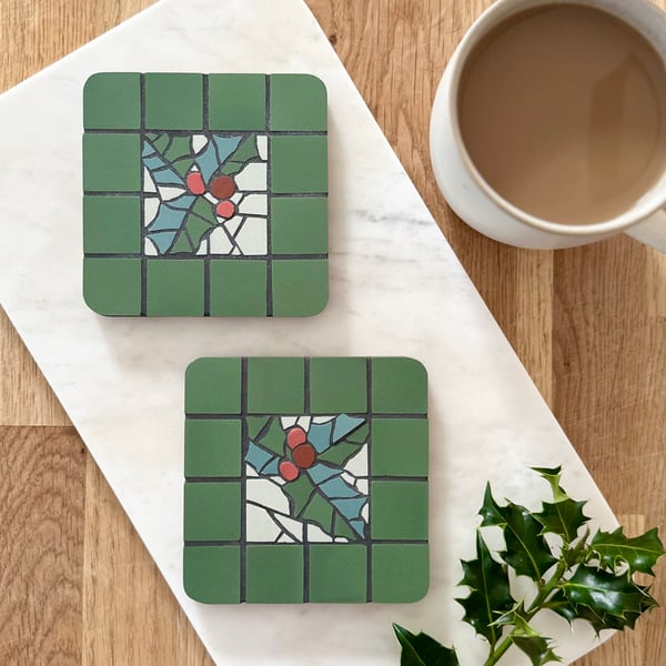 Festive Coaster Set - Two Mosaic Holly Coasters