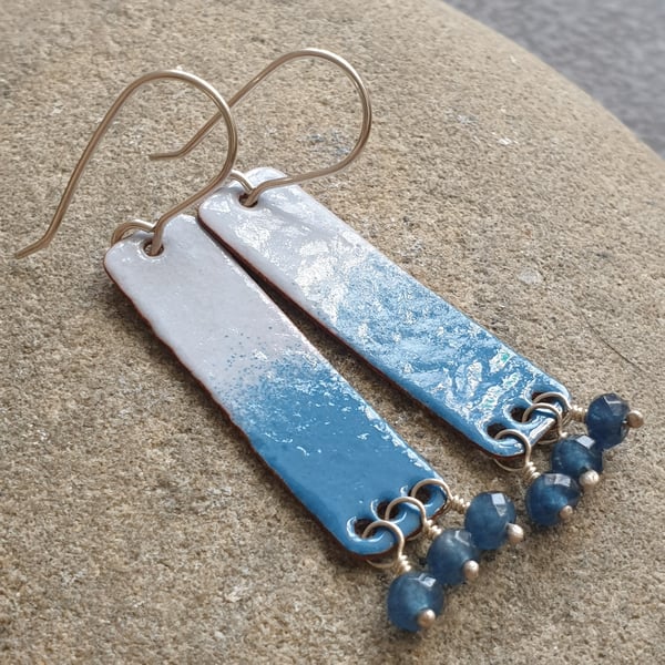 Blue enamel earrings, Rectangle earrings with ombre effect
