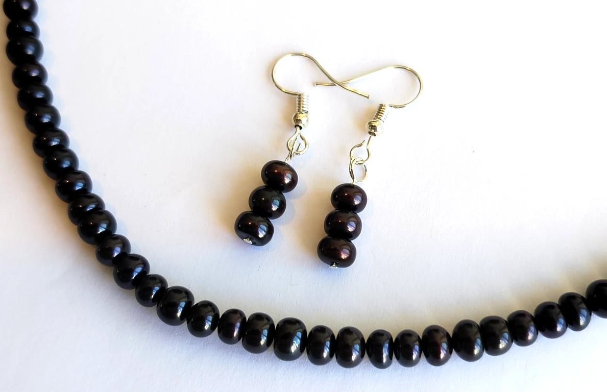 Black Freshwater Pearl Handmade Necklace & Earrings Gift Set