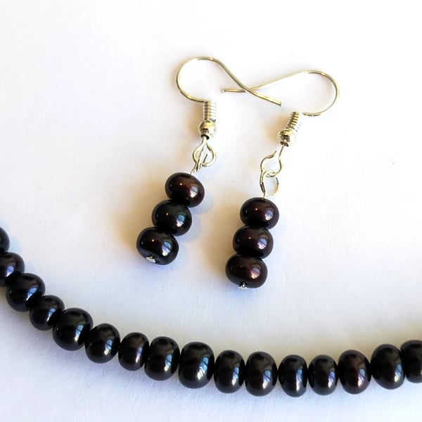 Black Freshwater Pearl Handmade Necklace & Earrings Gift Set