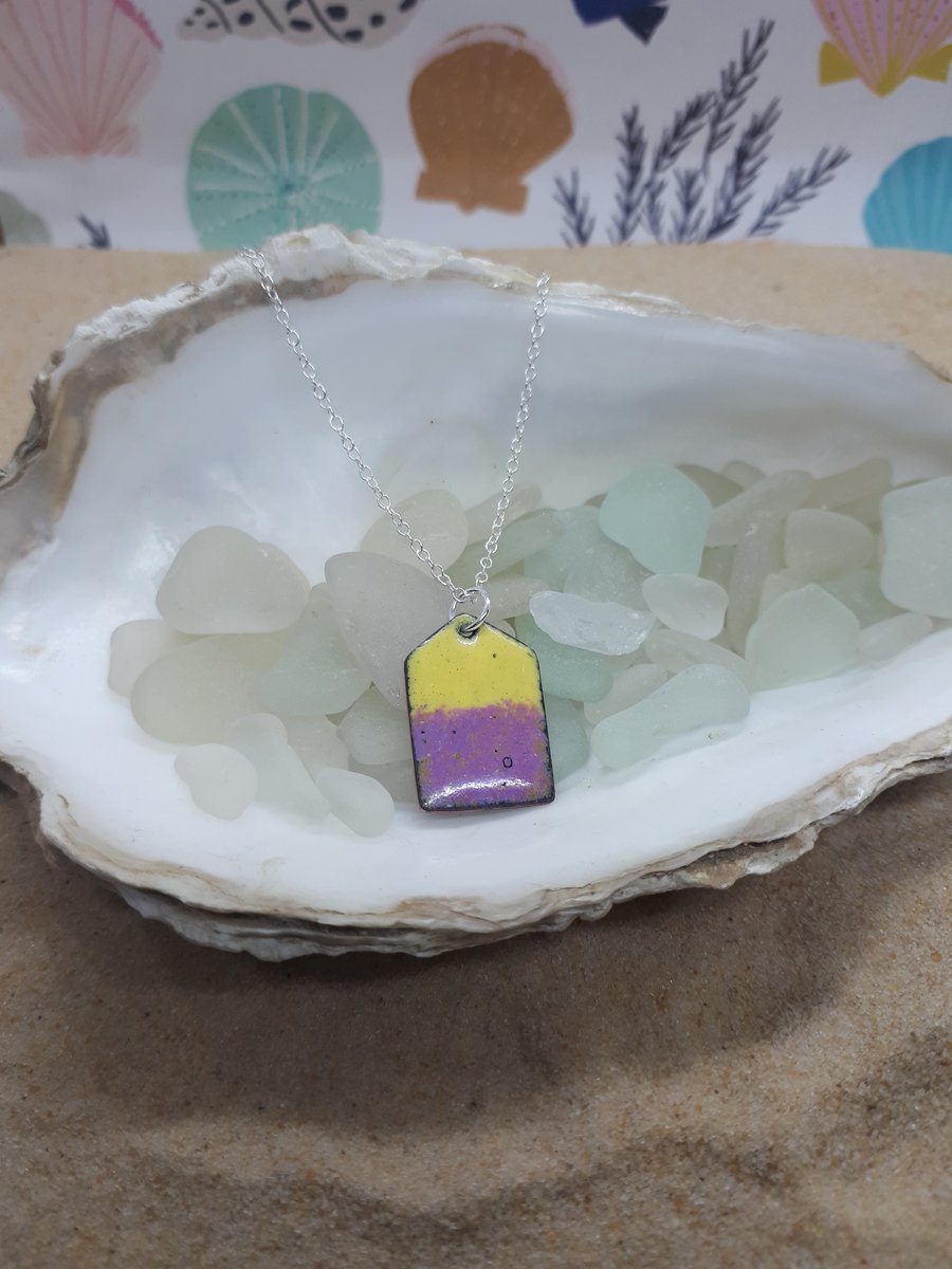 Yellow and lilac reversible beach hut pendant