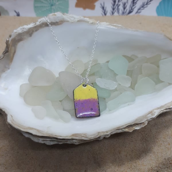 Yellow and lilac reversible beach hut pendant