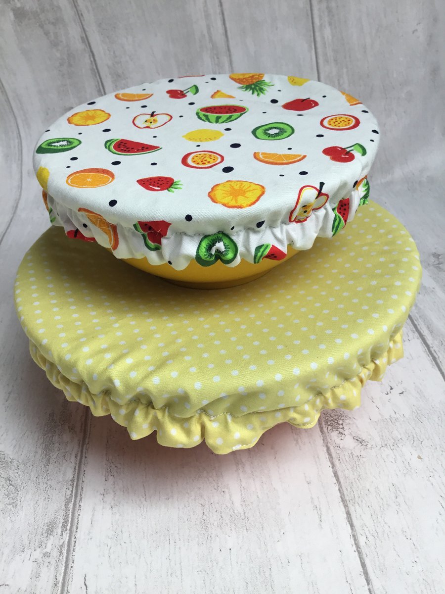 Reusable bowl covers - set of two. Yellow, fruity design.