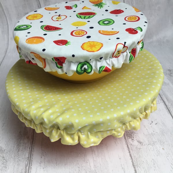 Reusable bowl covers - set of two. Yellow, fruity design.