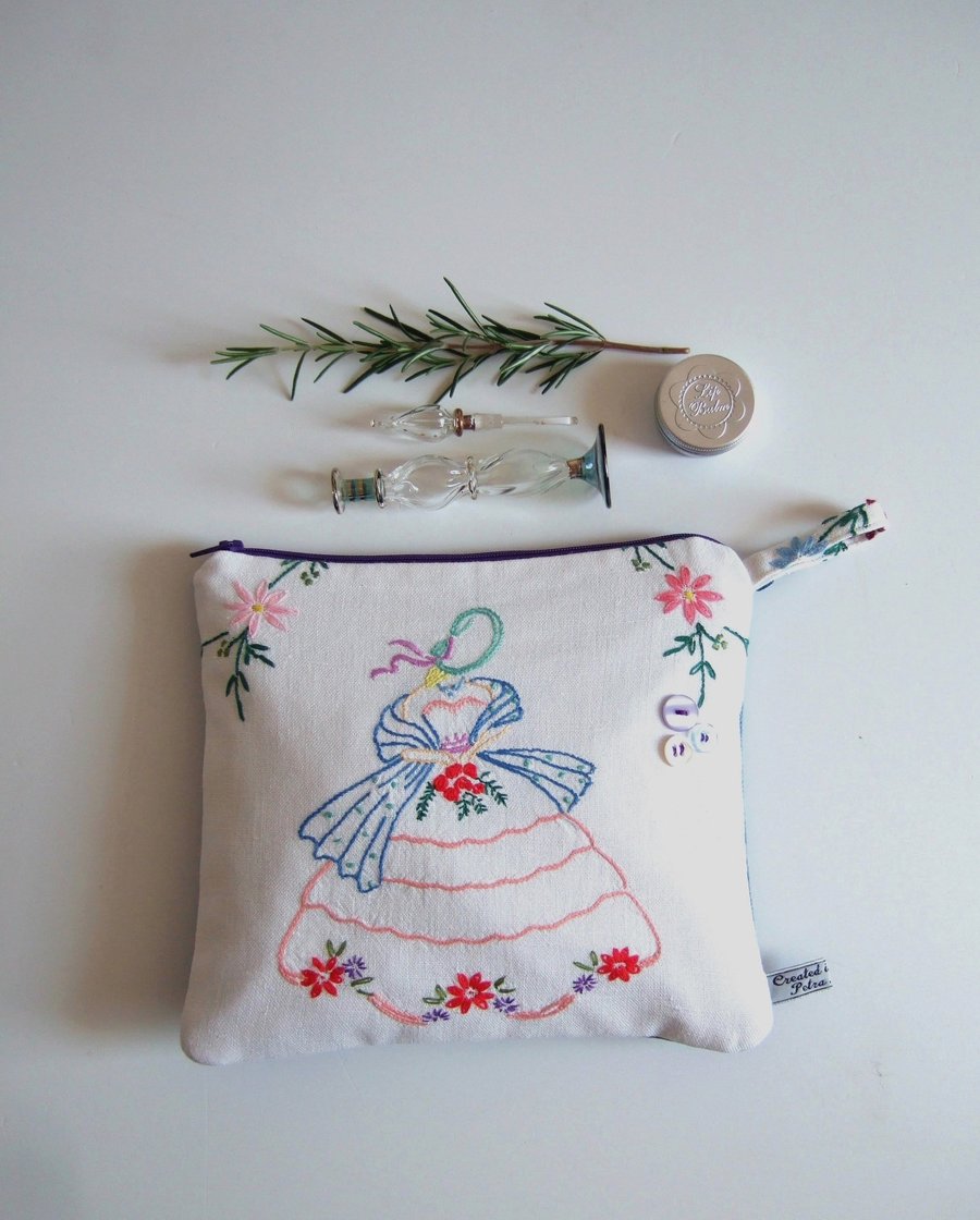 Vintage embroidered crinoline lady pouch, make up bag or purse