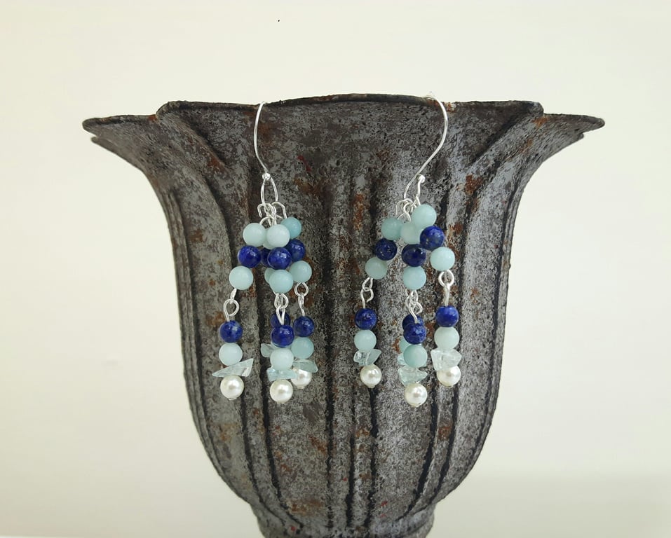 Sterling Silver & Gemstone Cluster Earrings with March Birthstone: Aquamarine