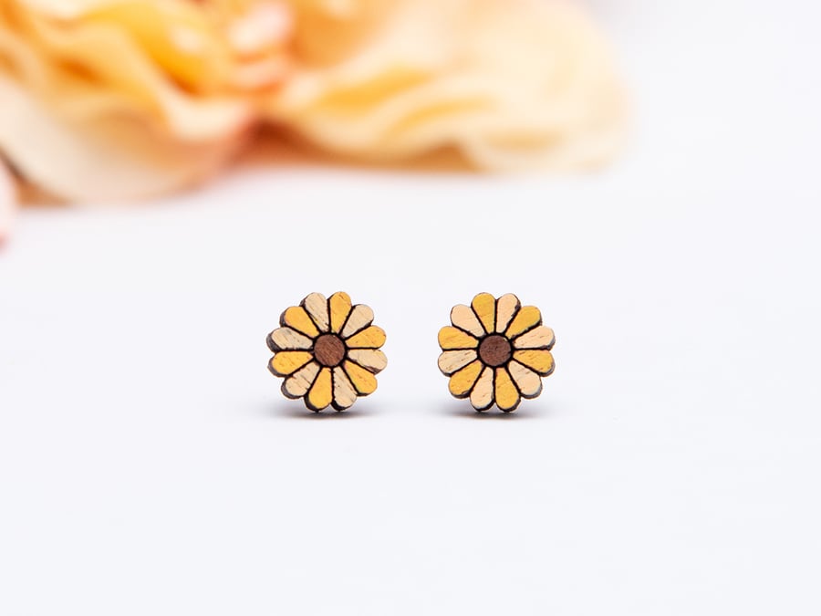 Hand Painted Wooden Sunflower Earrings, Sunflower Studs, Wood Flower Earrings
