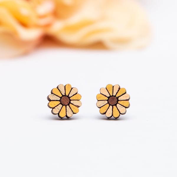 Hand Painted Wooden Sunflower Earrings, Sunflower Studs, Wood Flower Earrings