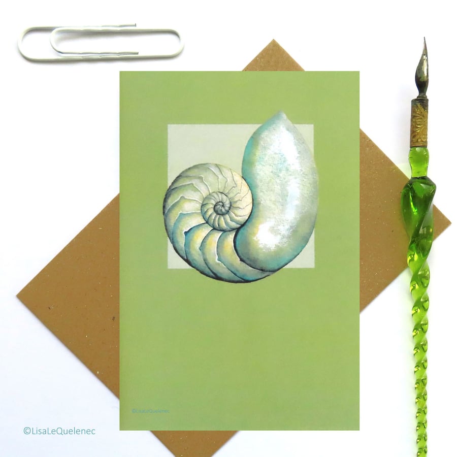  Nautilus sea shell in green blank art card modern spiral shell plastic free