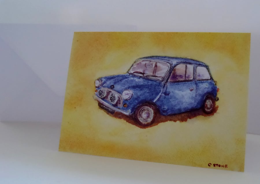 Blank greetings card A5 classic Austin Mini blue from original watercolour