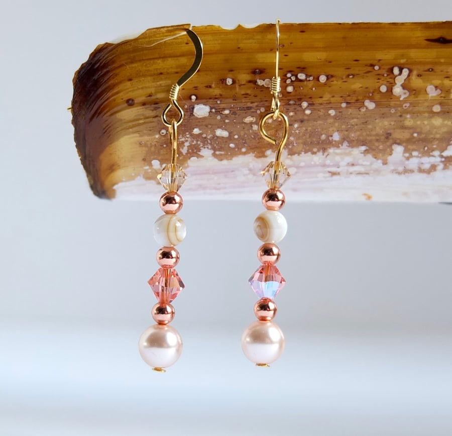  Swarovski Crystal, Pale Pink Pearl, Cream Shell and Copper Bead Earrings.