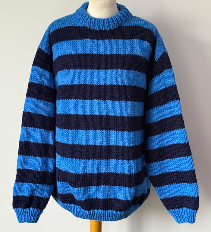 Hand Knitted Blue And Navy Striped Sweater Bexknitwear