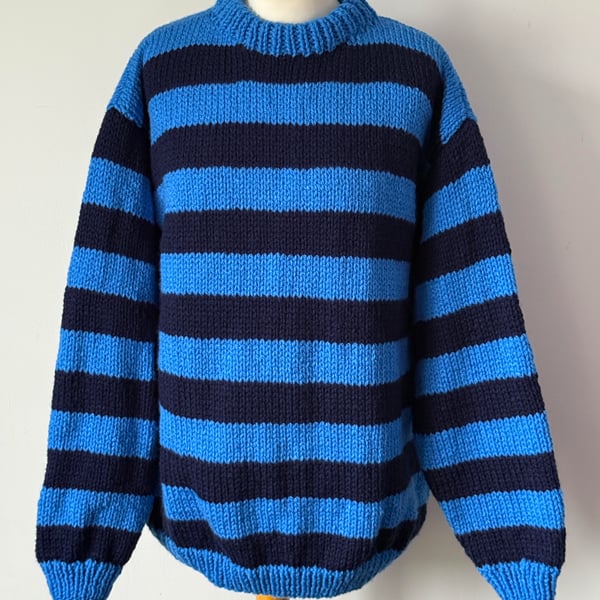 Hand Knitted Blue And Navy Striped Sweater Bexknitwear
