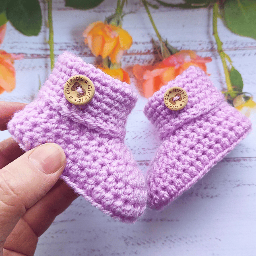 Crochet Baby Booties With It's A Girl Button, Gender Reveal Or New Baby Gift