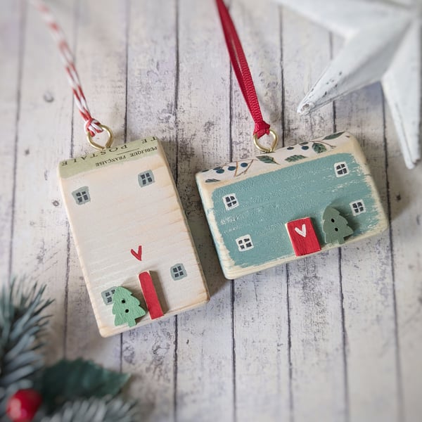 Set of 2 Wooden Christmas House Hanging Decorations