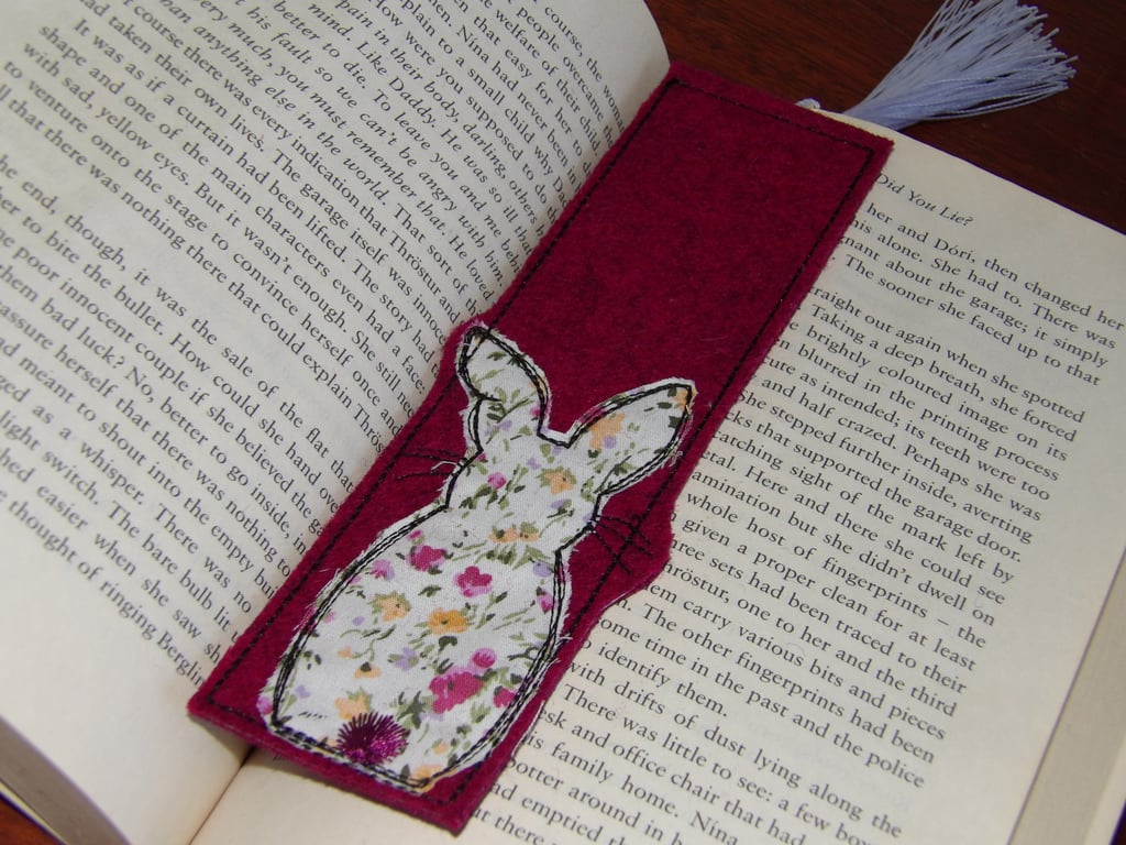 Pretty pink wool bookmark with rabbit applique 