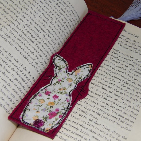 Pretty pink wool bookmark with rabbit applique 