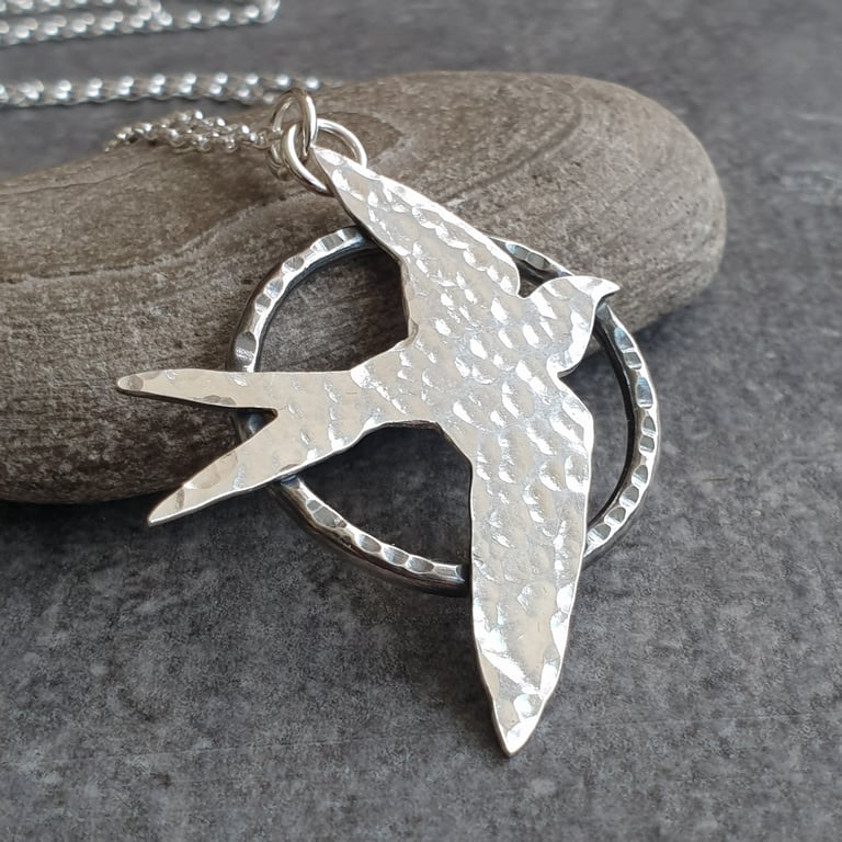 Silver swallow pendant, Sterling silver bird necklace