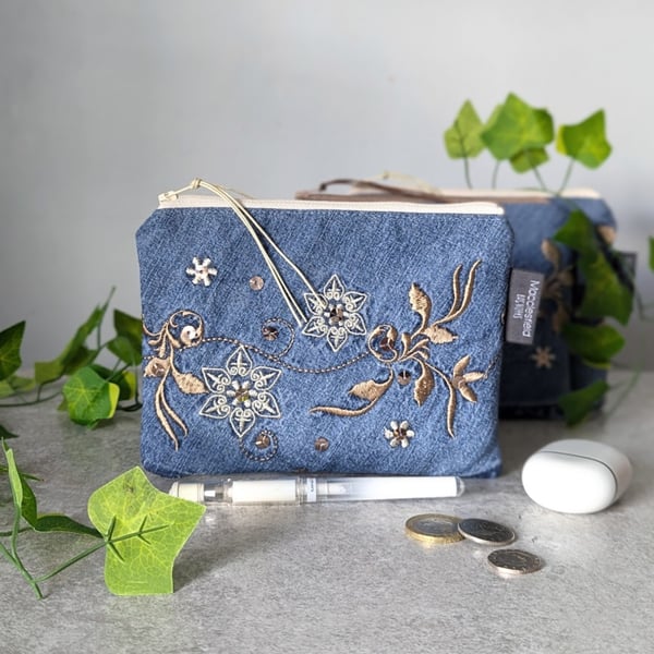 Denim Chambray Purse Pouch Purse, Pencil Case or Makeup Bag Embellished 