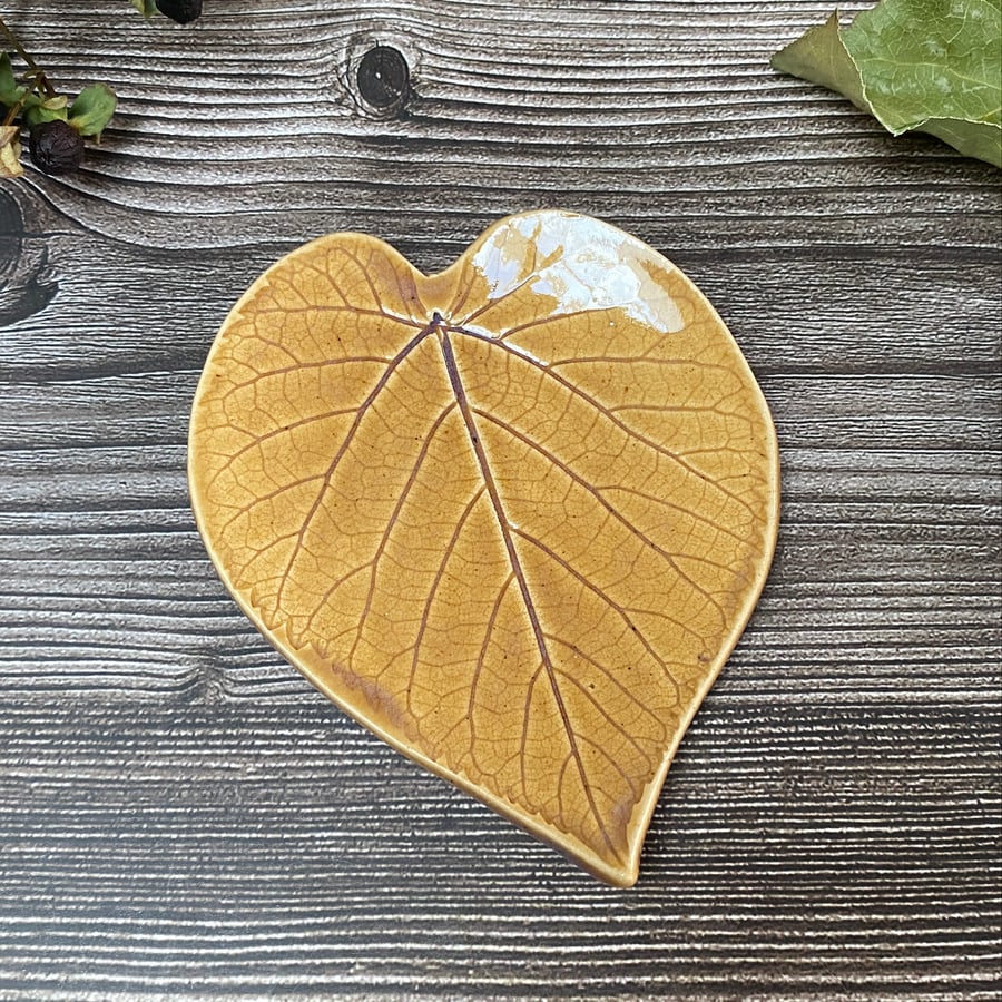 Handmade Small  Amber Ceramic Leaf Trinket Ring Dish