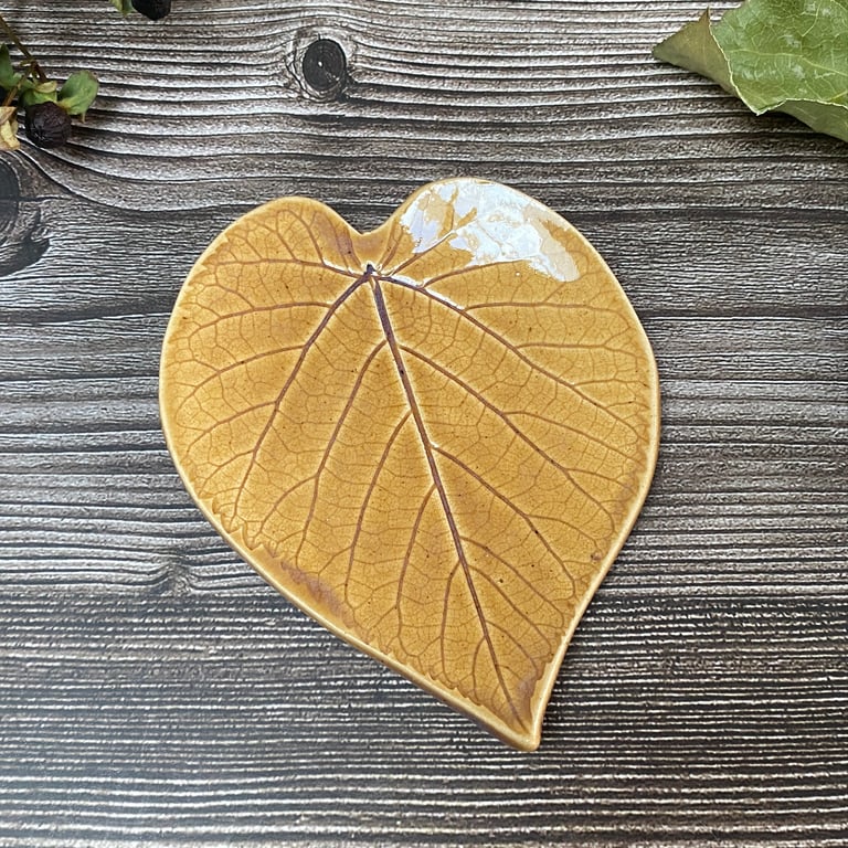 Handmade Small  Amber Ceramic Leaf Trinket Ring Dish