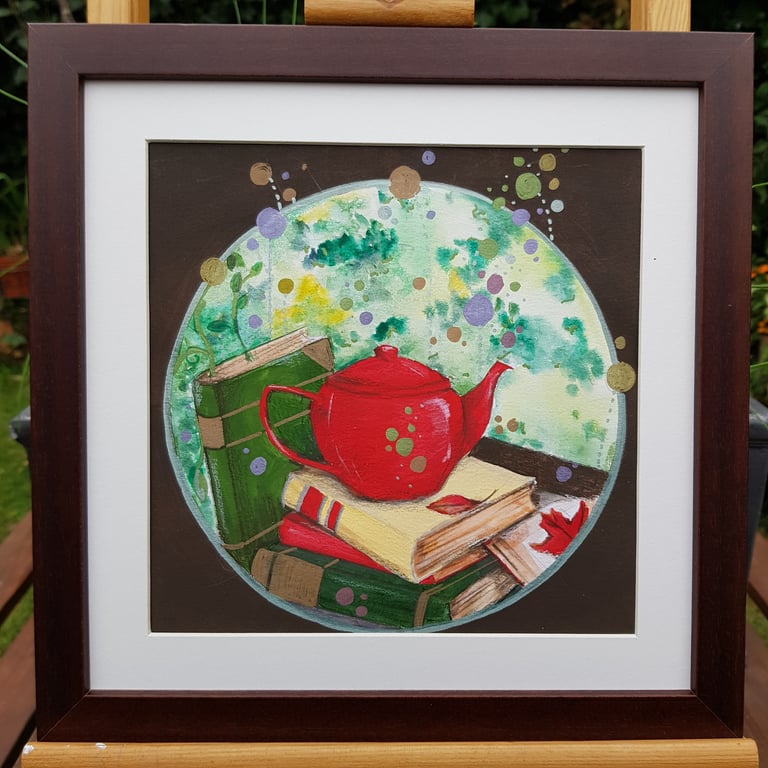 Tea and books on a rainy day - original artwork 