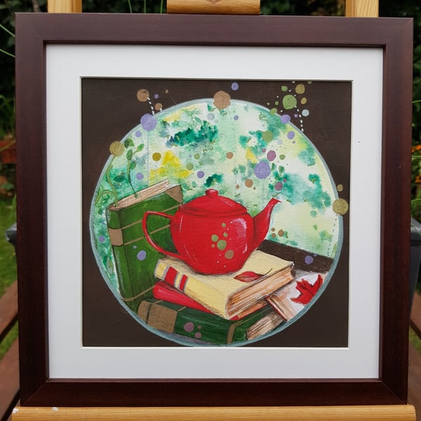Tea and books on a rainy day - original artwork 