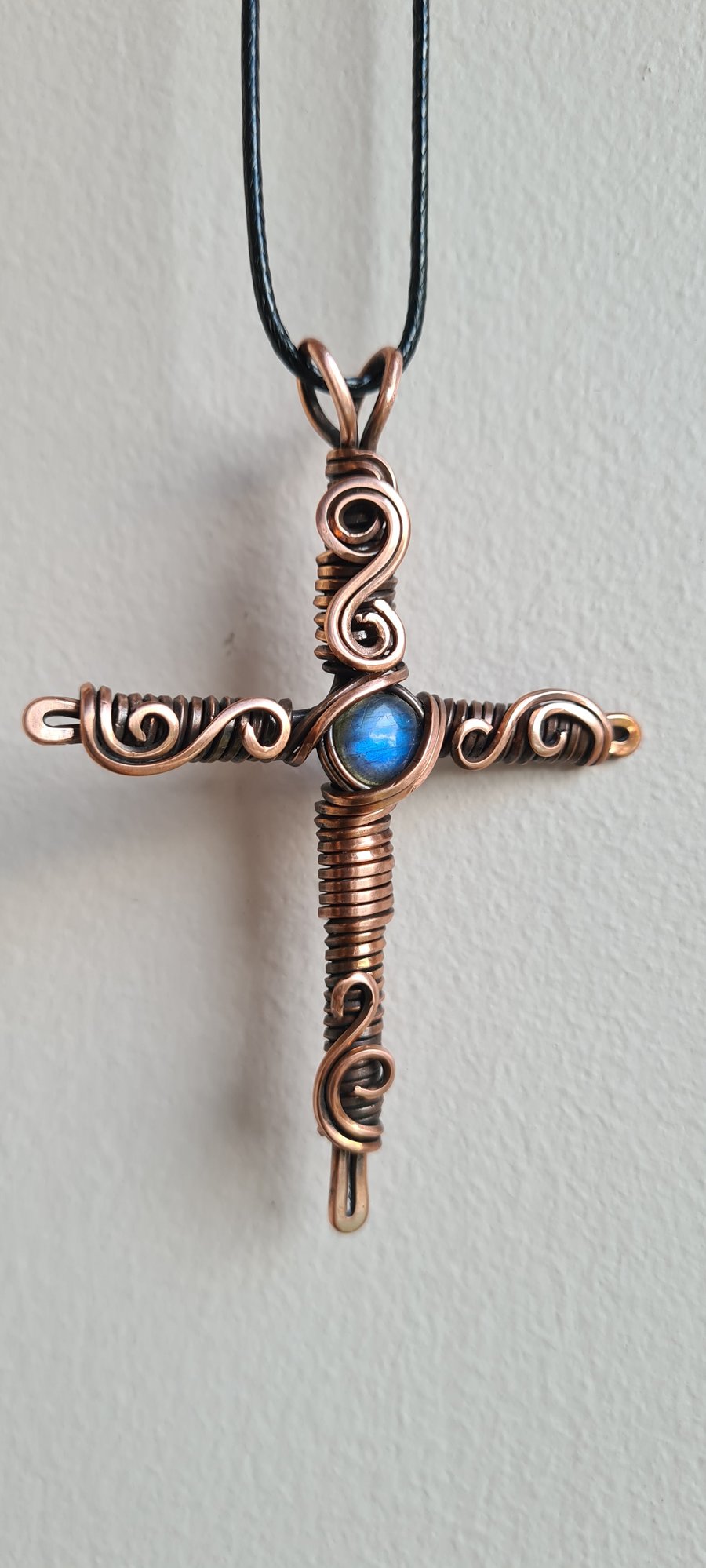 Natural Blue Labradorite & Copper Cross Pendant Necklace Unisex Mens Jewellery