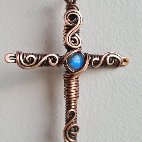 Natural Blue Labradorite & Copper Cross Pendant Necklace Unisex Mens Jewellery