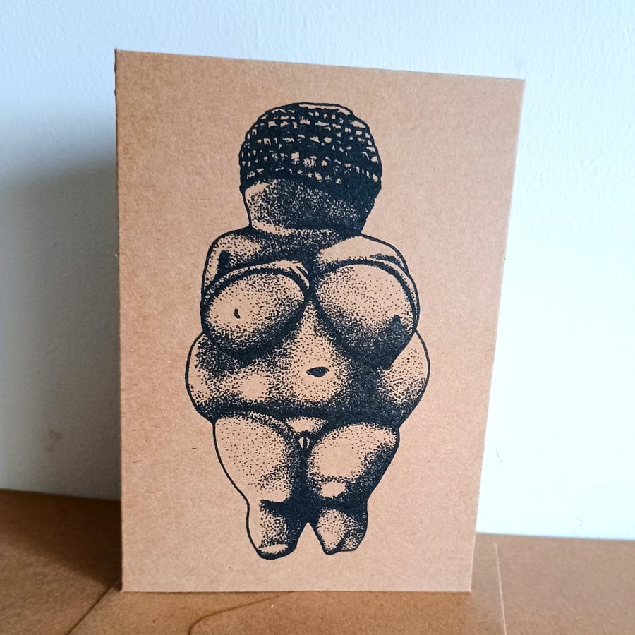Venus of Willendorf Stone Age Art Ink Illustration A6 Kraft Greetings Card