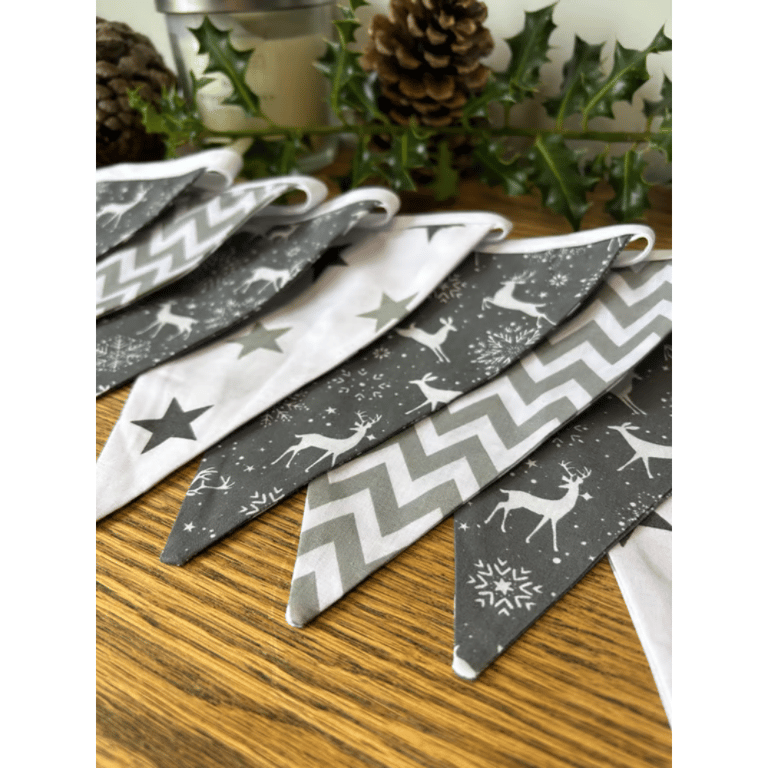 Handmade Grey & White Reindeer Christmas Bunting - Handmade Fabric Garland
