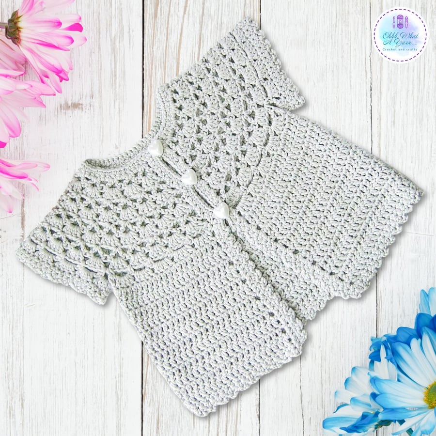 Grey cap sleeve 100% cotton summer baby cardigan. Age 6-12 months
