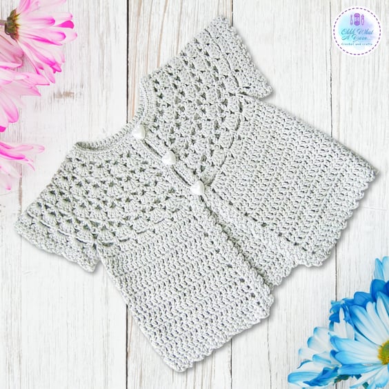 Grey cap sleeve 100% cotton summer baby cardigan. Age 6-12 months