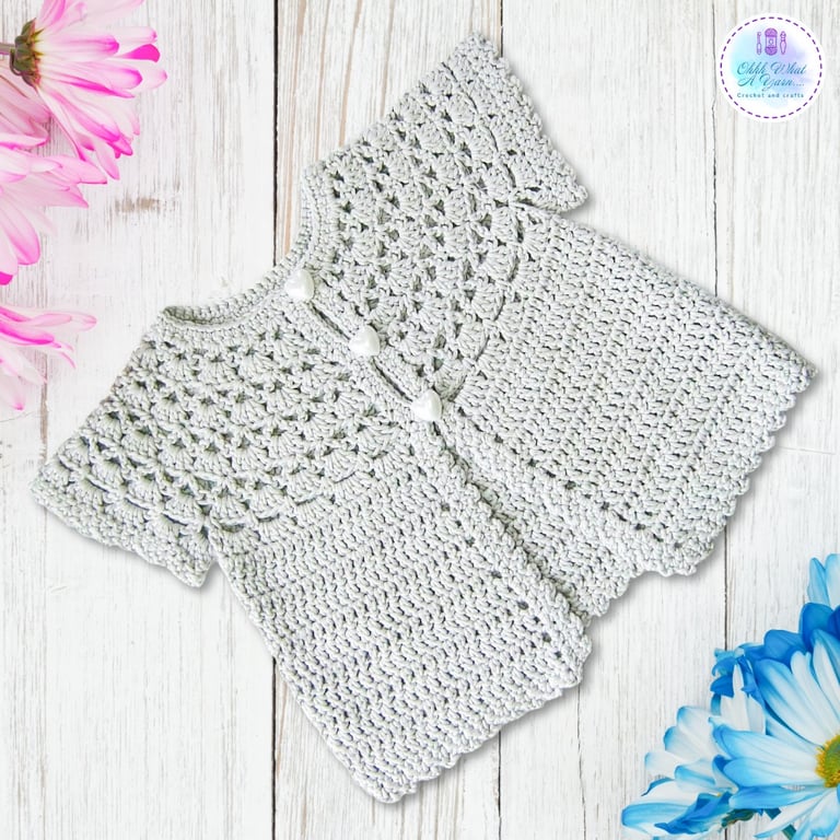 Grey cap sleeve 100% cotton summer baby cardigan. Age 6-12 months