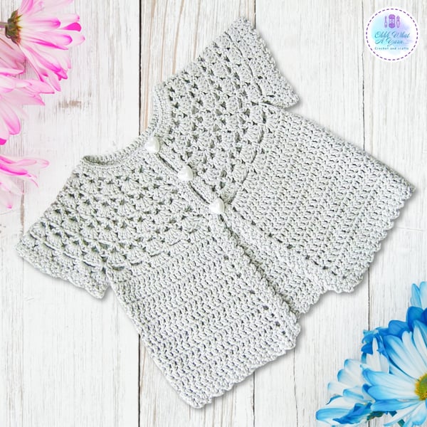 Grey cap sleeve 100% cotton summer baby cardigan. Age 6-12 months